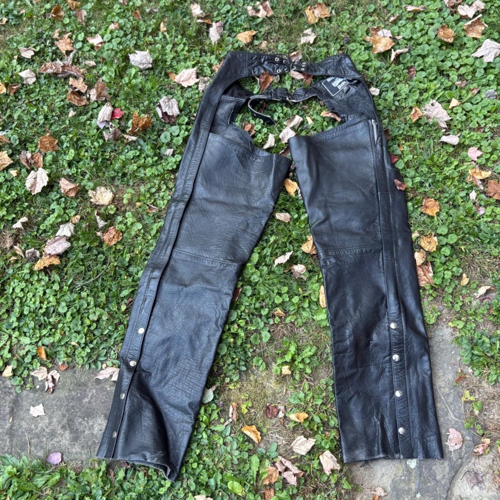 Vintage Silver Bike Black Leather Motorcycle Chaps Men's XL Biker Riding Gear‎